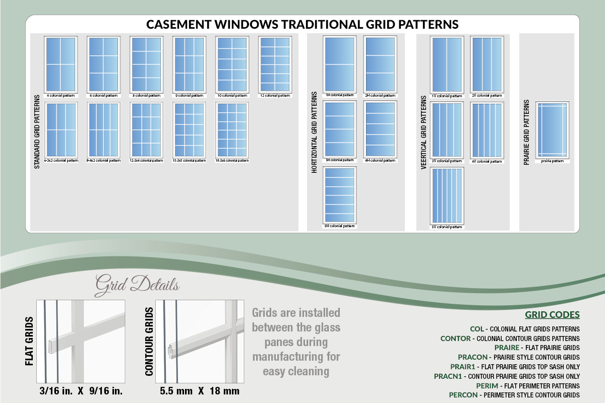 Casement windows traditional grid patterns, grid details, and grid codes
