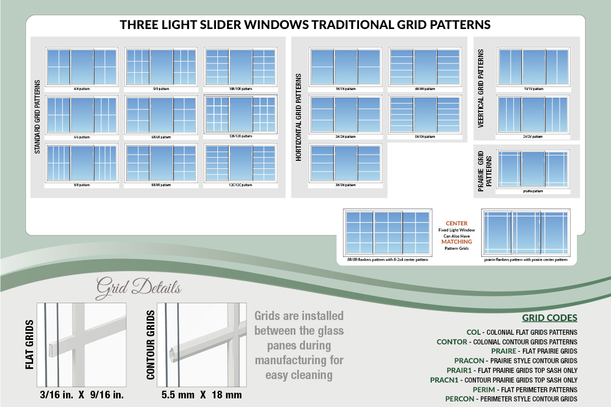 Three light slider windows traditional grid patterns, including 6 over 6, 9 over 9, colonial, prairie, perimeter, horizontal and vertical arrangements.